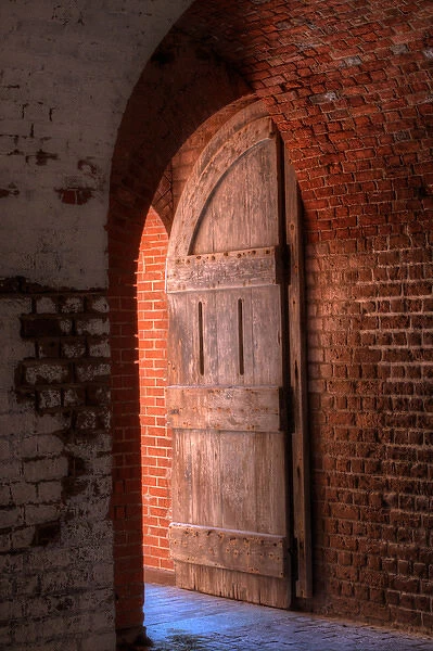 North America, USA, Georgia; Tybee Island; Old wooden door at Historic Fort Pulaski