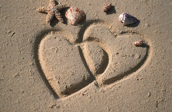 North America, USA, Hawaii. Hearts drawn in the sand