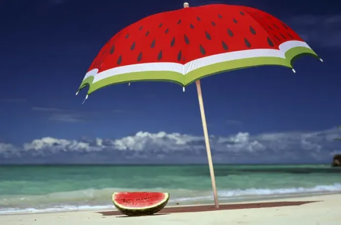 Framed Print : North America, USA, Hawaii. Watermelon and matching umbrella on beach Framed Print : North America, USA, Hawaii. Watermelon and matching umbrella on beach