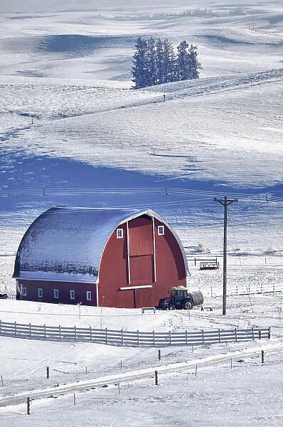 North America; USA; Idaho; Old Red Barn in Fresh Snow