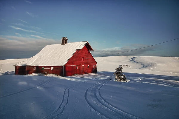 North America; USA; Idaho; Old Red Barn and Truck after snow storm