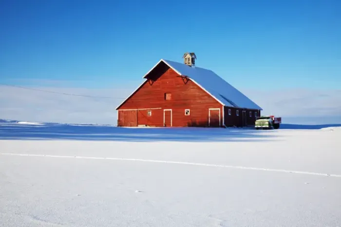 Framed Print : North America; USA; Idaho; Old Red Barn and Truck after snow storm Framed Print : North America; USA; Idaho; Old Red Barn and Truck after snow storm