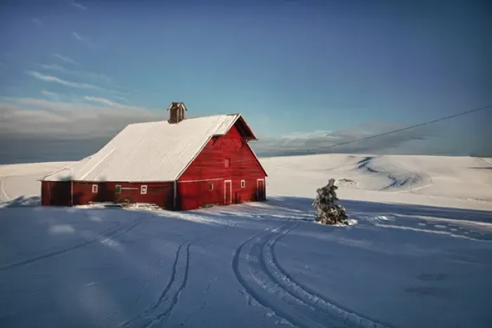 Framed Print : North America; USA; Idaho; Old Red Barn and Truck after snow storm Framed Print : North America; USA; Idaho; Old Red Barn and Truck after snow storm