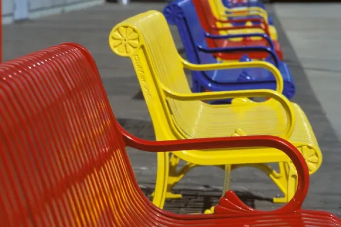 Framed Print : North America, USA, Kansas, Wichita. Colorful metal benches Framed Print : North America, USA, Kansas, Wichita. Colorful metal benches
