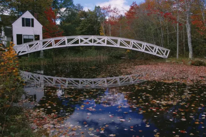 Framed Print : 07. North America, U.S.A. Maine, Somesville, nr. Acadia N.P. Footbridge over a pond