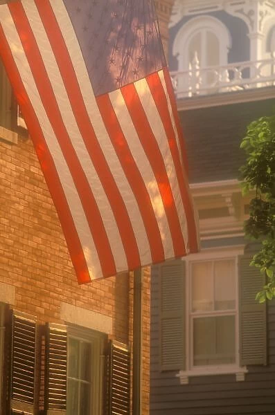 North America, USA, Massachusettes, Nantucket Island, Nantucket Town. US flag