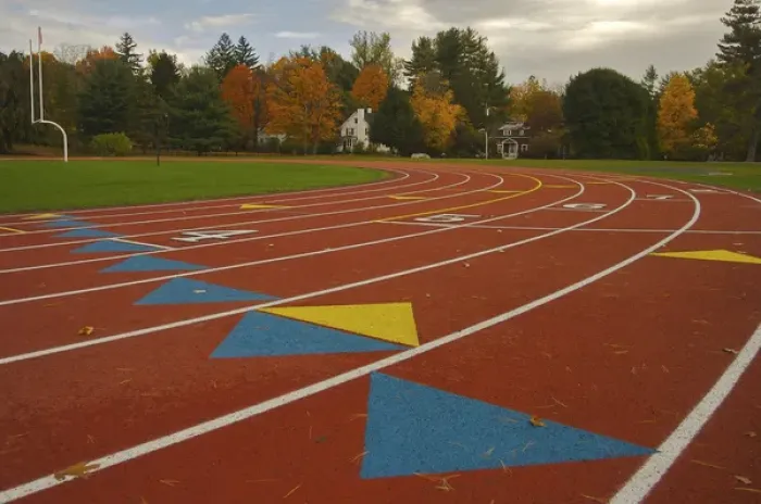 Framed Print : North America, USA, Massachusetts, Amherst. Autumn view of a track and field facility