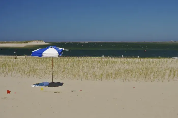 Framed Print : North America, USA, Massachusetts, Chatham. An umbrella and pails on the beach Framed Print : North America, USA, Massachusetts, Chatham. An umbrella and pails on the beach