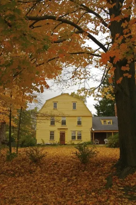 Framed Print : North America, USA, Massachusetts, Deerfield. Foliage frames a historic home in Old Deerfield Framed Print : North America, USA, Massachusetts, Deerfield. Foliage frames a historic home in Old Deerfield