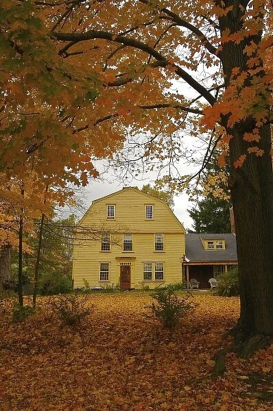 North America, USA, Massachusetts, Deerfield. Foliage frames a historic home in Old Deerfield