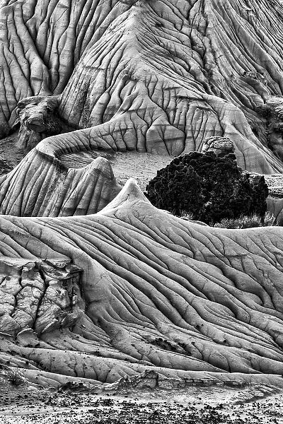 North America, USA, Montana. Black and white image of unusual erosion formations