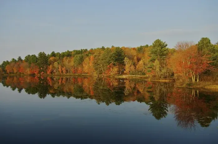 Framed Print : North America, USA, New Hampshire, Marlow. Autumn scenery reflected in a pond