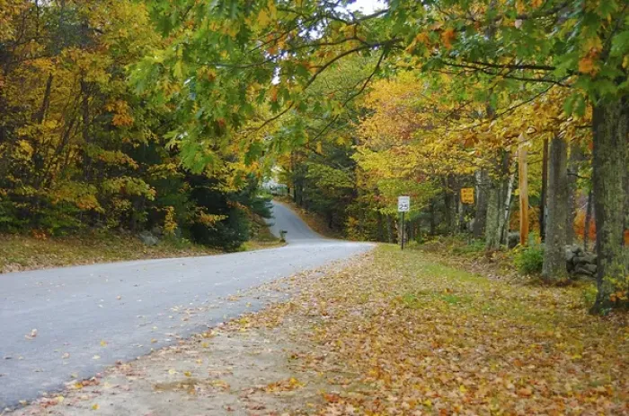 Framed Print : North America, USA, New Hampshire. A winding rural road surrounded by fall foliage