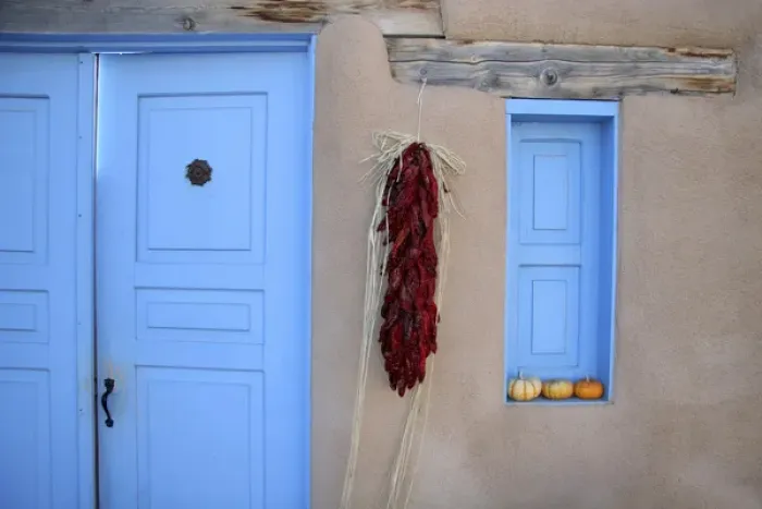 Framed Print : North America, USA, New Mexico. Adobe Blue Door and Hanging Chilis