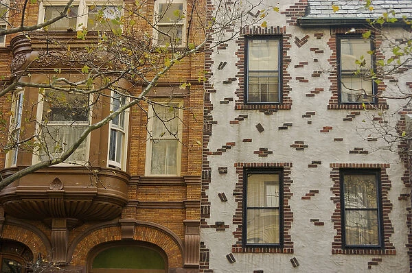North America, USA, New York, New York City, Brooklyn. Elaborate facades on townhouses