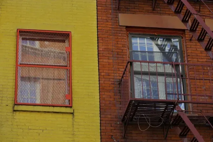 Framed Print : North America, USA, New York, New York City. Windows in a brightly-painted brick Framed Print : North America, USA, New York, New York City. Windows in a brightly-painted brick