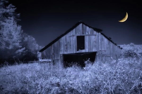 North America, USA, North Carolina, digitally altered infrared image of an old barn in the fall