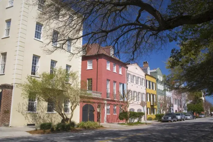 Framed Print : North America, USA, South Carolina, Charleston. Charlestons Rainbow Row Neighborhood