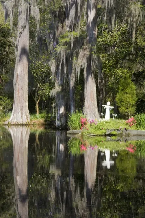 Framed Print : North America, USA, South Carolina, Charleston. Garden Statue and Blooming Azaleas
