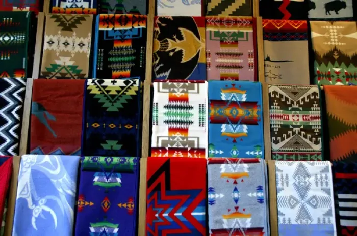 Framed Print : North America, USA, South Dakota, Rapid City, Prairie Edge Trading Co. Typical Pendleton blankets
