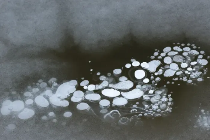 Framed Print : North America, USA, Utah. Abstract design formed by frozen ice bubbles in Courthouse Wash