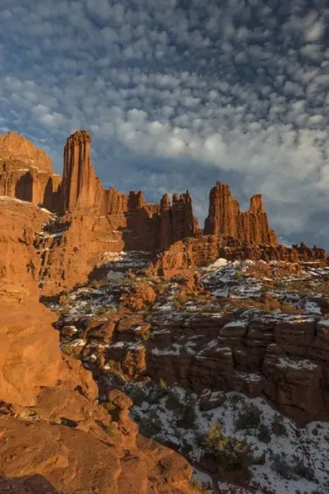 Framed Print : North America, USA, Utah. Fisher Towers with snow and clouds, near Castle Valley, Utah