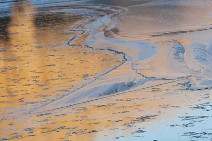 Framed Print : North America, USA, Utah. Ice patterns, canyon wall reflections on the Colorado River
