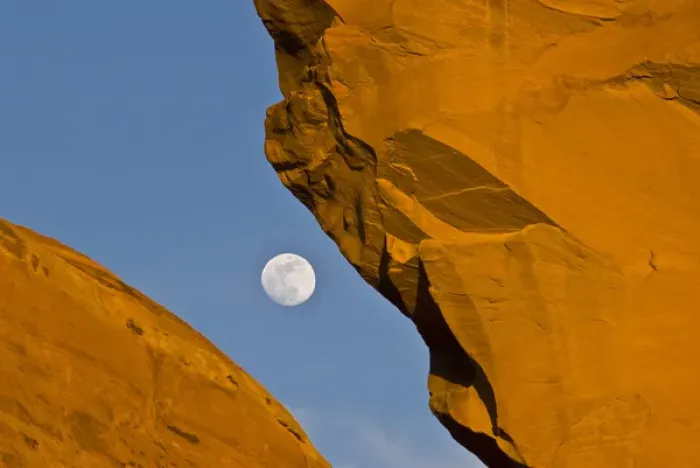 Framed Print : North America, USA, Utah. Looking through Skyline arch at full moon, Arches National Park Framed Print : North America, USA, Utah. Looking through Skyline arch at full moon, Arches National Park