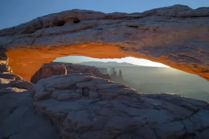Framed Print : North America, USA, Utah. Overlook vista through Mesa Arch during winter at Canyonlands