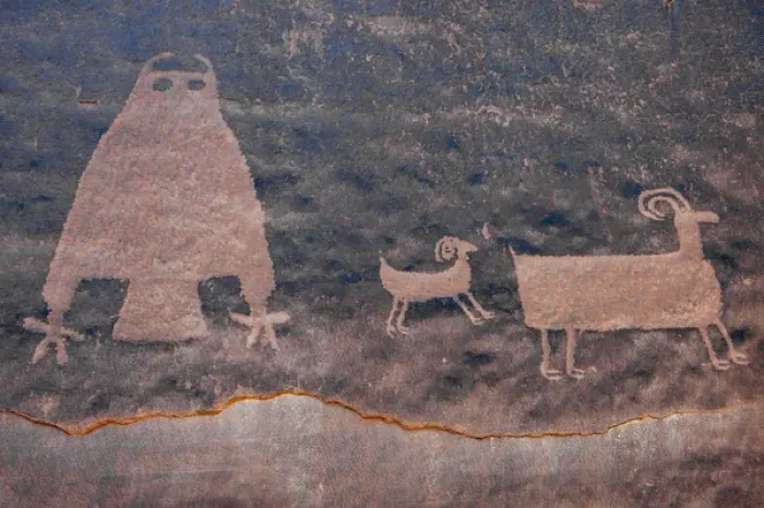 Framed Print : North America, USA, Utah. Owl Panel with big horn sheep, ancient petroglyph, UT