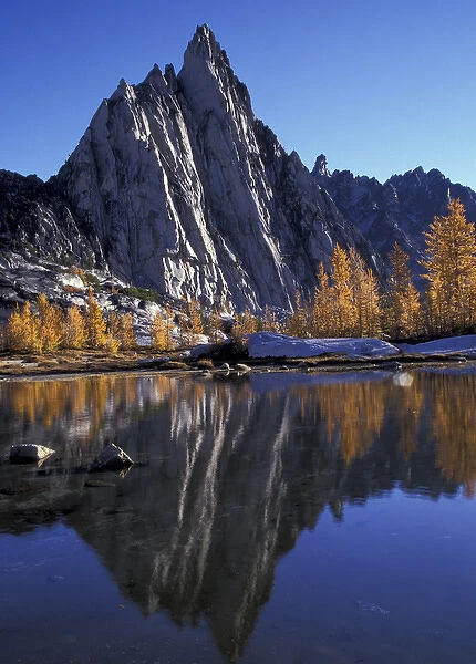 North America, USA, WA, Enchantment Lakes Prusik Peak reflected in Gnome Tarn