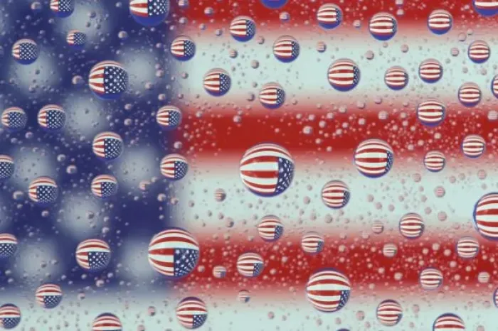 Framed Print : North America, USA, WA, Redmond, U. S. Flag reflected in water drops