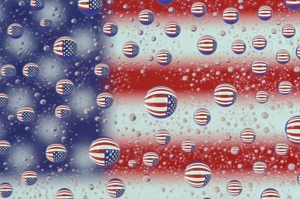 North America, USA, WA, Redmond, U. S. Flag reflected in water drops