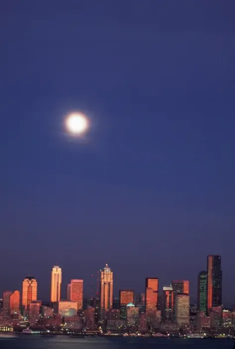Framed Print : North America, USA, Washington, Seattle Seattle skyline with full moon, seen Framed Print : North America, USA, Washington, Seattle Seattle skyline with full moon, seen