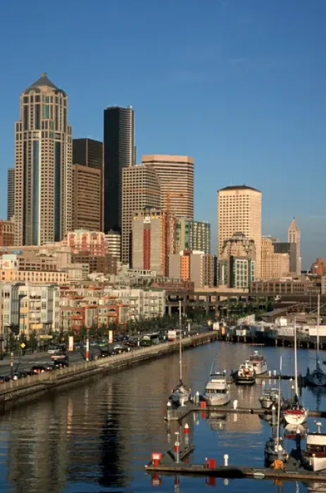 Framed Print : North America, USA, Washington, Seattle Downtown Seattle with Bell Harbor marina