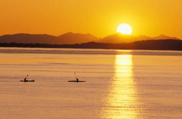 Framed Print : North America, USA, Washington, San Juan Islands, kayaking at sunset Framed Print : North America, USA, Washington, San Juan Islands, kayaking at sunset