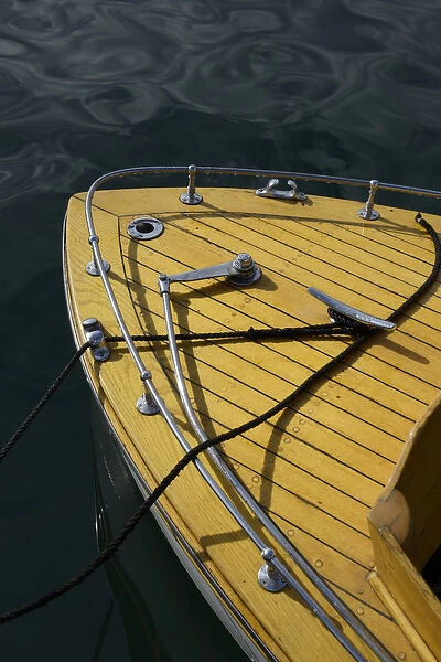 North America, USA, Washington, Port Townsend. Wood bow of a classic speedboat