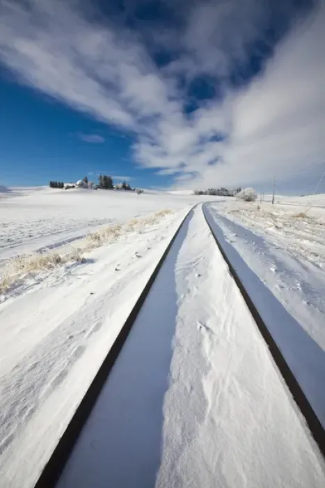 Framed Print : North America; USA; Washington; Pullman; Country Railroad tracks running through the snow Framed Print : North America; USA; Washington; Pullman; Country Railroad tracks running through the snow