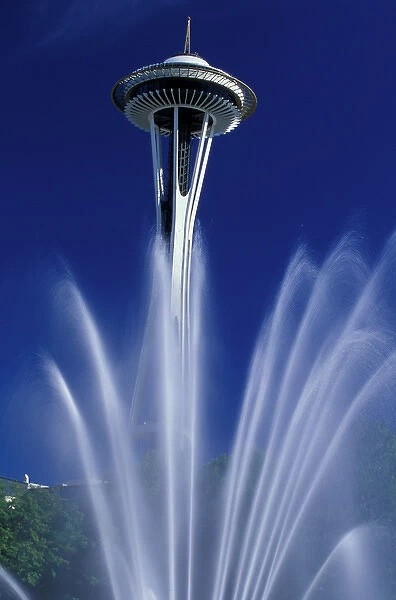 North America, USA, Washington, Seattle, Seattle Center. Space Needle and fountain