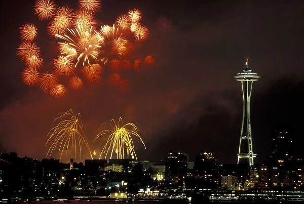 North America, USA, Washington, Seattle, Space Needle. 4th of July fireworks. Summer