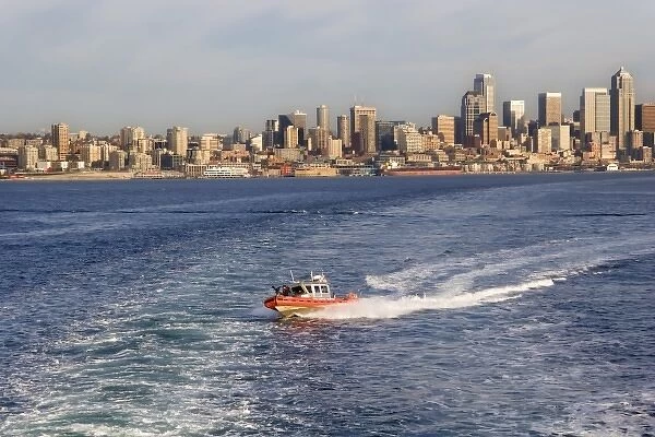 North America, USA, Washington, Seattle. Seattle skyline from a ferry on Elliot Bay