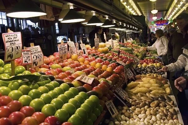 North America, USA, Washington, Seattle. A fruit and vegetable stand at the Pike Place Market