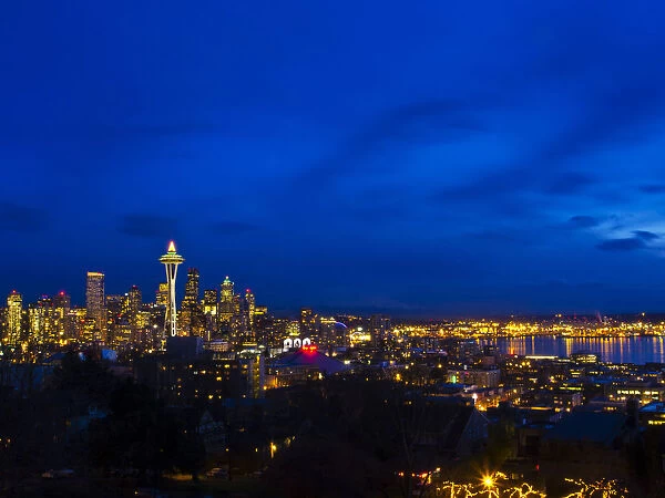 North America; USA; Washington; Seattle; Night View of Seattle Skyline with Christmas