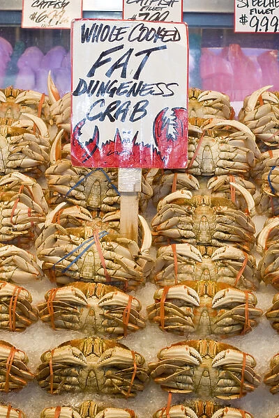 North America; USA; Washington; Seattle; Pike Place Market, Fresh Dungeness Crab On Ice