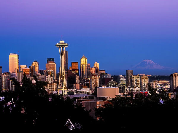 North America; USA; Washington; Seattle; Seattle Skyline at Dusk