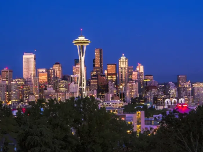 Framed Print : North America; USA; Washington; Seattle; Seattle Skyline at Dusk