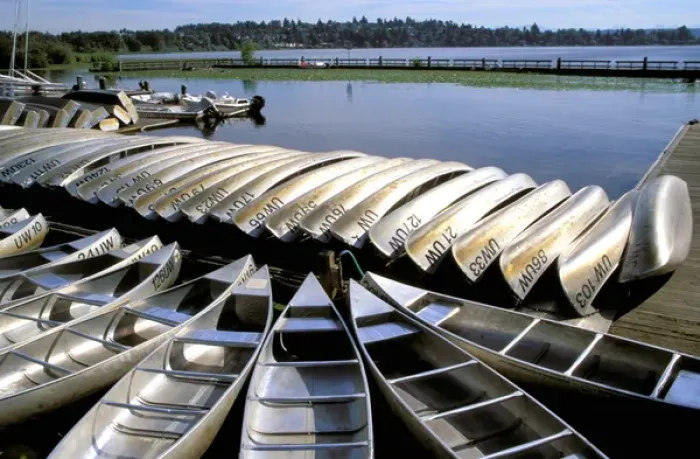 Framed Print : North America, USA, Washington State, Seattle, Lake Washington. Canoes for rent Framed Print : North America, USA, Washington State, Seattle, Lake Washington. Canoes for rent