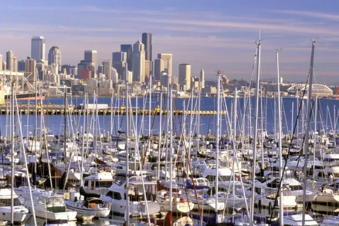 Framed Print : North America, USA, Washington State, Seattle. Elliott Bay Marina and downtown Seattle