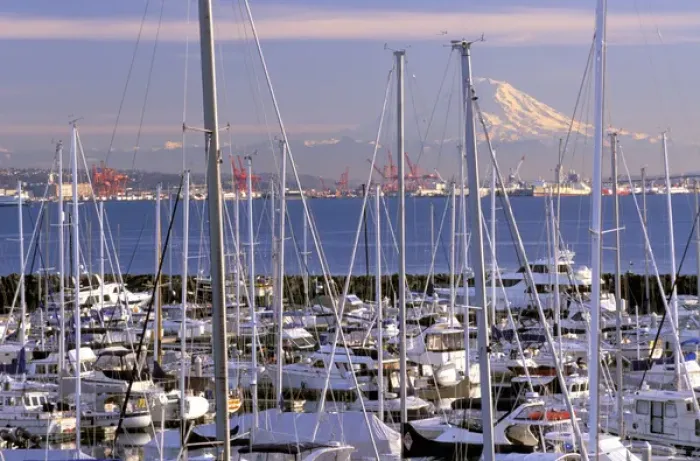 Framed Print : North America, USA, Washington State, Seattle. Elliott Bay Marina and Mount Rainier