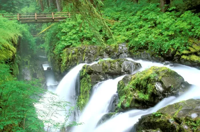 Framed Print : North America, USA, Washington State, Olympic National Park. Sol Duc Falls and bridge